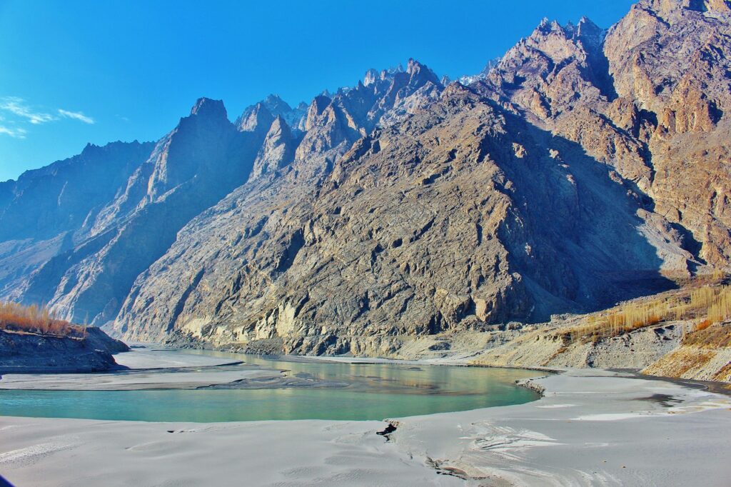 hunza, pakistan, river, mountain, landscape, valley, sky, adventure, hill, rock, water, himalaya, nature, asia